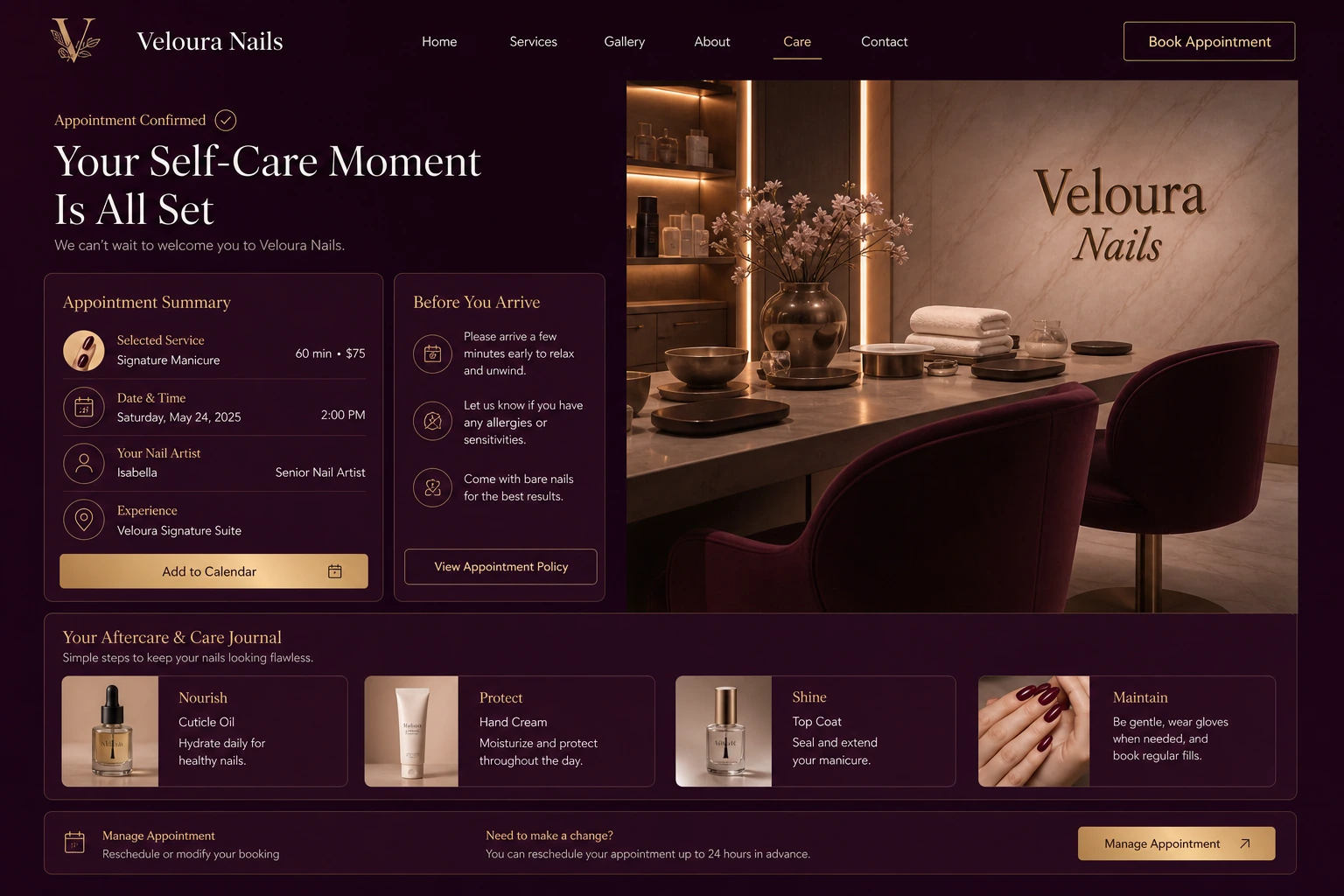 Giao diện dịch vụ Veloura Nails